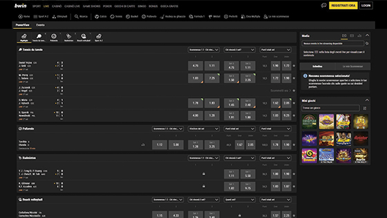 La pagina live di bwin