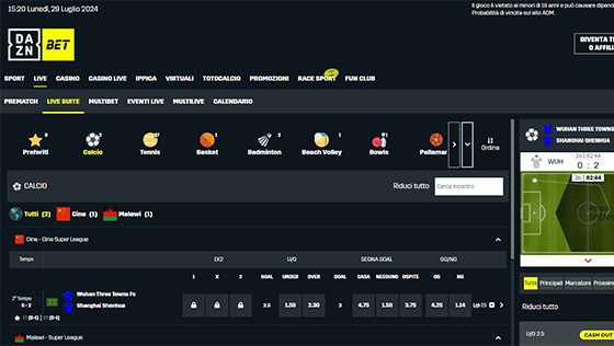 La pagina live di Daznbet