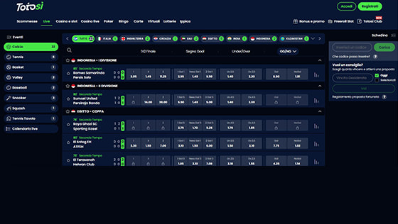 La pagina delle scommesse live su Totosì
