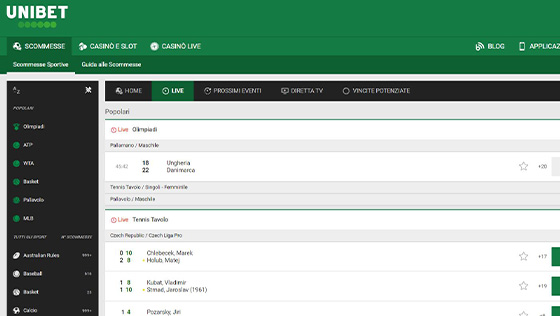 La pagina live di Unibet