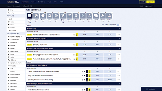 La pagina live di William Hill