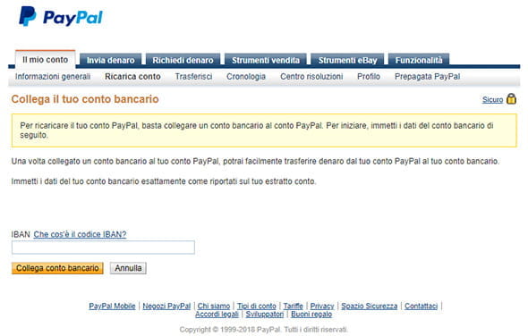 La procedura di associazione del conto bancario all'account PayPal