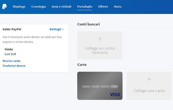 Il form in cui scegliere il metodo di utilizzo per i pagamenti sul proprio account PayPal