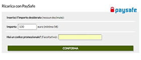 Il form per effettuare un deposito su conto scommesse con Paysafecard