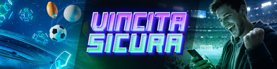 Palloni da sport, la scritta 'vincita sicura' e una persona che esulta guardando lo smartphone.