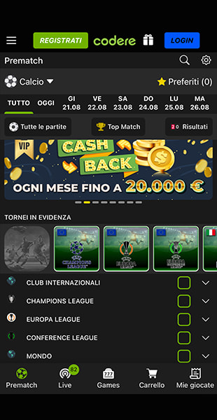 Pagina prematch di codere