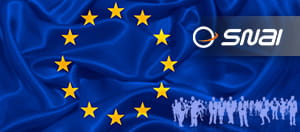 Il logo di SNAI e una bandiera dell’Unione Europea