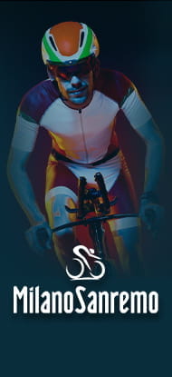 Un ciclista impegnato su una salita e il logo della Milano-Sanremo