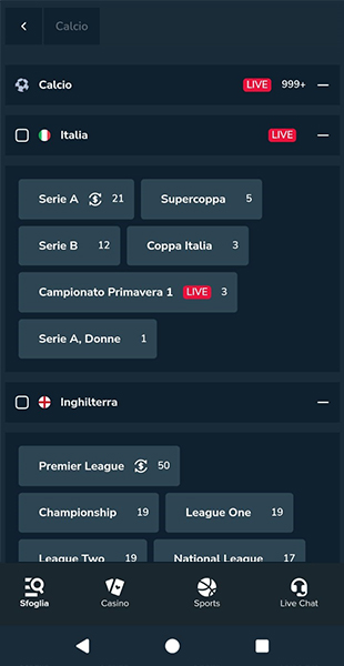Elenco campionati app Stake.it
