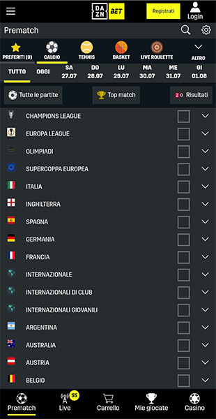 Sezione sport app Daznbet