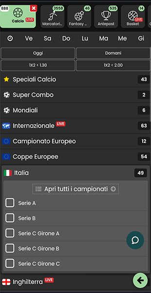 selezione sport app Elabet