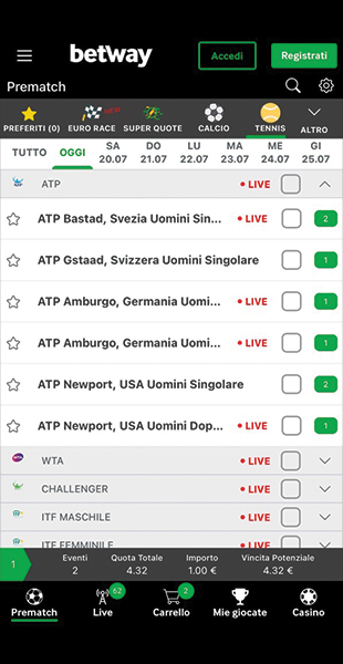 Scelta sport e campionato app Betway