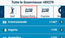 La home page di una app per scommesse con evidenziato il riquadro delle scommesse politiche
