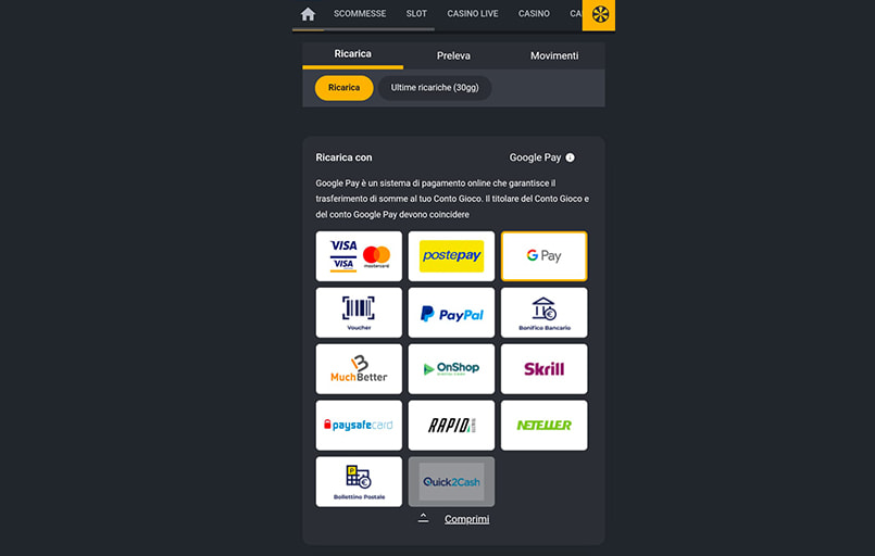Schermata con i metodi di pagamento e Google Pay selezionato