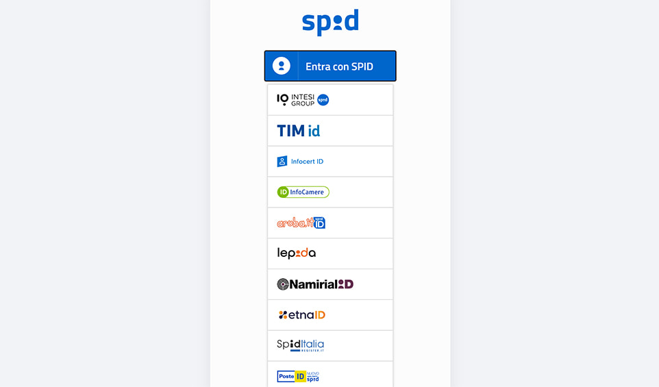 La pagina di selezione dei provider SPID.