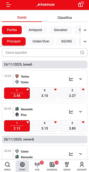 elenco quote app Sportium
