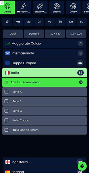 Elenco sport e campionati nell'app Totosì