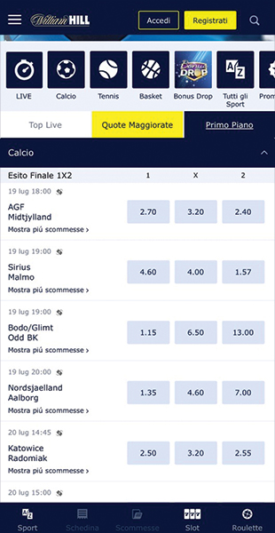 Selezione sport app William Hill