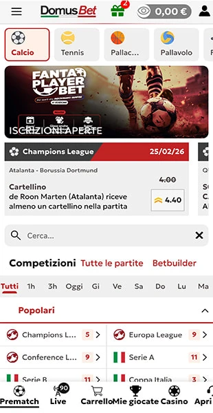 selezione sport app Domusbet 