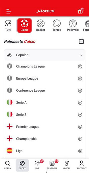 selezione sport app Sportium