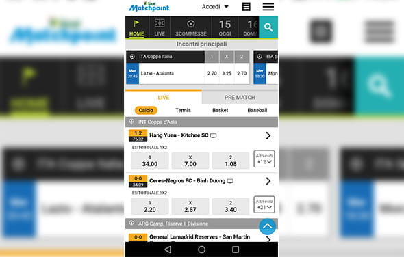 La home page della betting app Android di Sisal