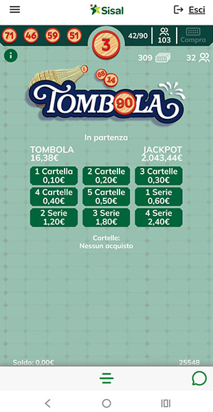 Una schermata della sala bingo Tombola su Sisal.