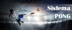 Un calciatore in azione, la scritta sistema PONG