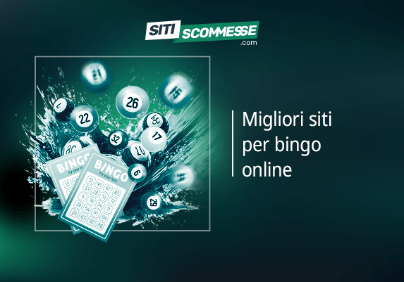 Il logo di sitiscommesse.com, la scritta Migliori siti per bingo online, palline del bingo e due schedine del bingo
