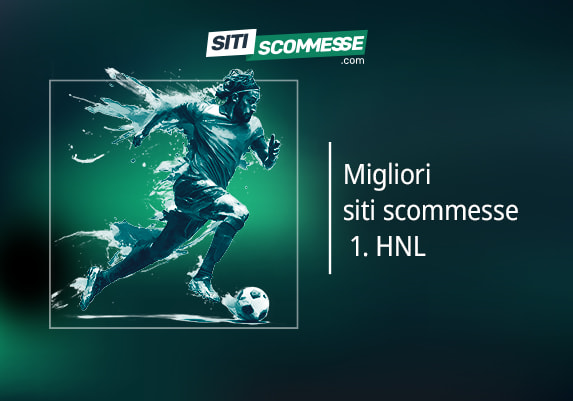 Il logo di sitiscommesse.com, la scritta Migliori siti scommesse 1. HNL e un calciatore in azione