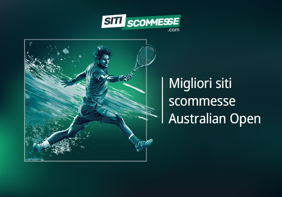 Il logo di sitiscommesse.com, la scritta Migliori siti scommesse Australian Open e un tennista