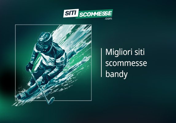 Il logo di sitiscommesse.com, la scritta Migliori siti scommesse bandy e un giocatore di bandy