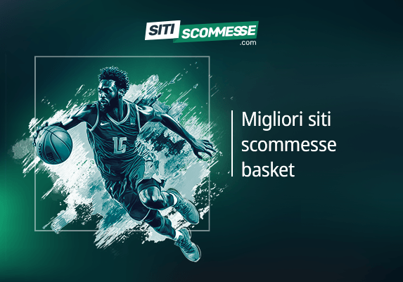 Il logo di sitiscommesse.com, la scritta Migliori siti scommesse basket e un giocatore di pallacanestro