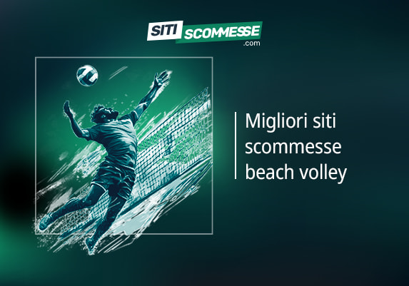 Il logo di sitiscommesse.com, la scritta Migliori siti scommesse beach volley e un giocatore di beach volley