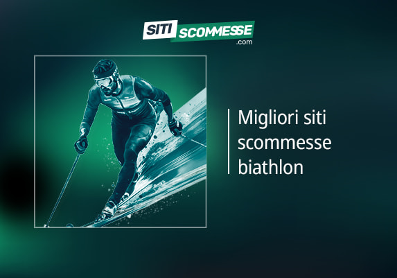 Il logo di sitiscommesse.com, la scritta Migliori siti scommesse biathlon e un atleta di biathlon in azione