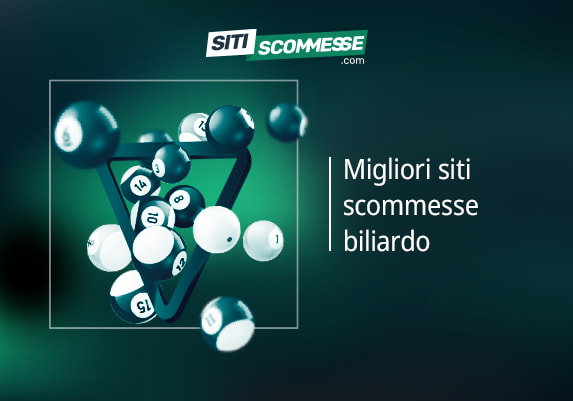 Il logo di sitiscommesse.com, la scritta Migliori siti scommesse biliardo, una triangolo e delle palle da biliardo