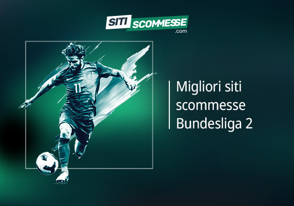Il logo di sitiscommesse.com, la scritta Migliori siti scommesse sulla Bundesliga 2 e un calciatore