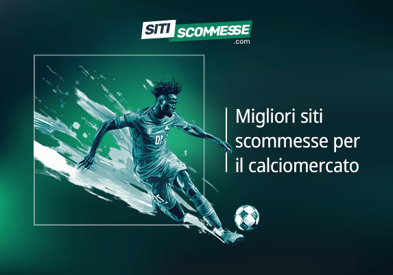 Il logo di sitiscommesse.com, la scritta Migliori siti scommesse per il calciomercato e un giocatore che calcia un pallone