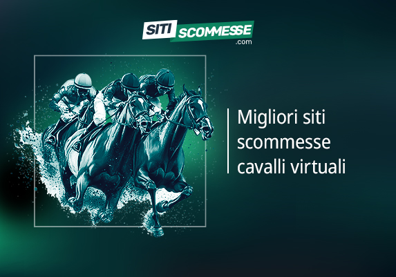 Il logo di sitiscommesse.com, la scritta Migliori siti scommesse cavalli virtuali e tre fantini con tre cavalli da corsa