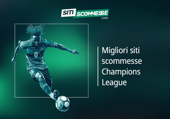 Il logo di sitiscommesse.com, la scritta Migliori siti scommesse Champions League e un calciatore in azione