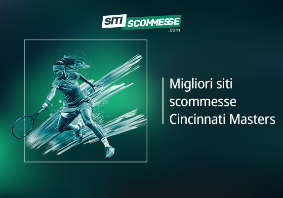 Il logo di sitiscommesse.com, la scritta Migliori siti scommesse Cincinnati Masters e una tennista in azione