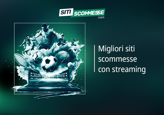 Il logo di sitiscommesse.com, la scritta Migliori siti scommesse con streaming e un laptop