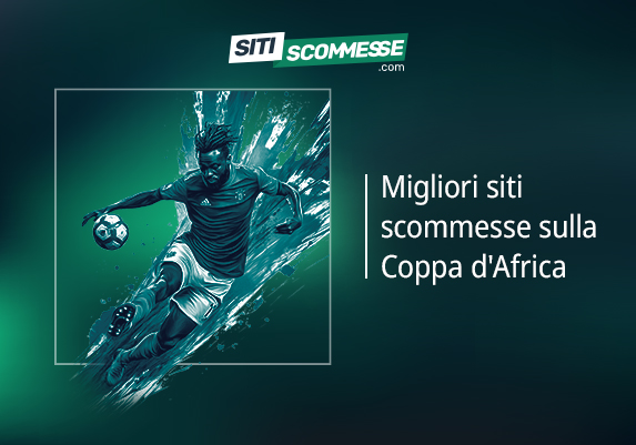 Il logo di sitiscommesse.com, la scritta Migliori siti scommesse sulla Coppa d'Africa e un calciatore in azione
