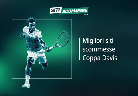 Il logo di sitiscommesse.com, la scritta Migliori siti scommesse Coppa Davis e un tennista in azione