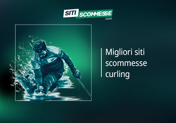 Il logo di sitiscommesse.com, la scritta Migliori siti scommesse curling e un giocatore di curling