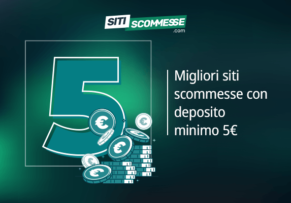 Il logo di sitiscommesse.com, la scritta Migliori siti scommesse con deposito minimo€, il numero 5 e delle monete