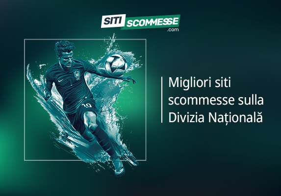 Il logo di sitiscommesse.com, la scritta Migliori siti scommesse sulla Divizia Nationala e un calciatore in azione
