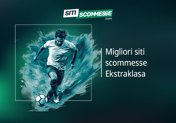 Il logo di sitiscommesse.com, la scritta Migliori siti scommesse sul campionato polacco e un calciatore in azione
