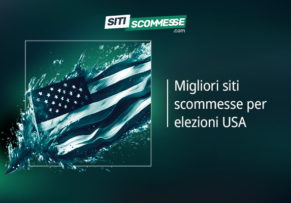 Il logo di sitiscommesse.com, la scritta Migliori siti scommesse per elezioni USA e la bandiera americana