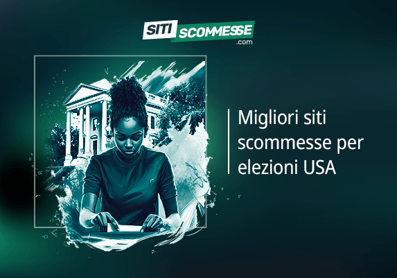 Il logo di sitiscommesse.com, la scritta Migliori siti scommesse per elezioni USA e la bandiera americana