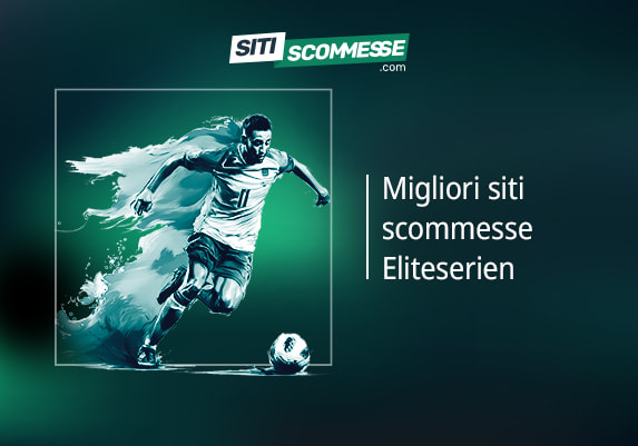 Il logo di sitiscommesse.com, la scritta Migliori siti scommesse Eliteserien e un calciatore